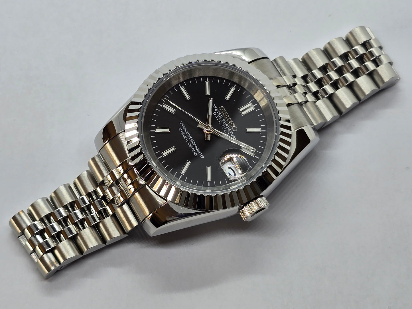 Seiko Mod Datejust nero Nh35 automatico 39mm vetro zaffiro