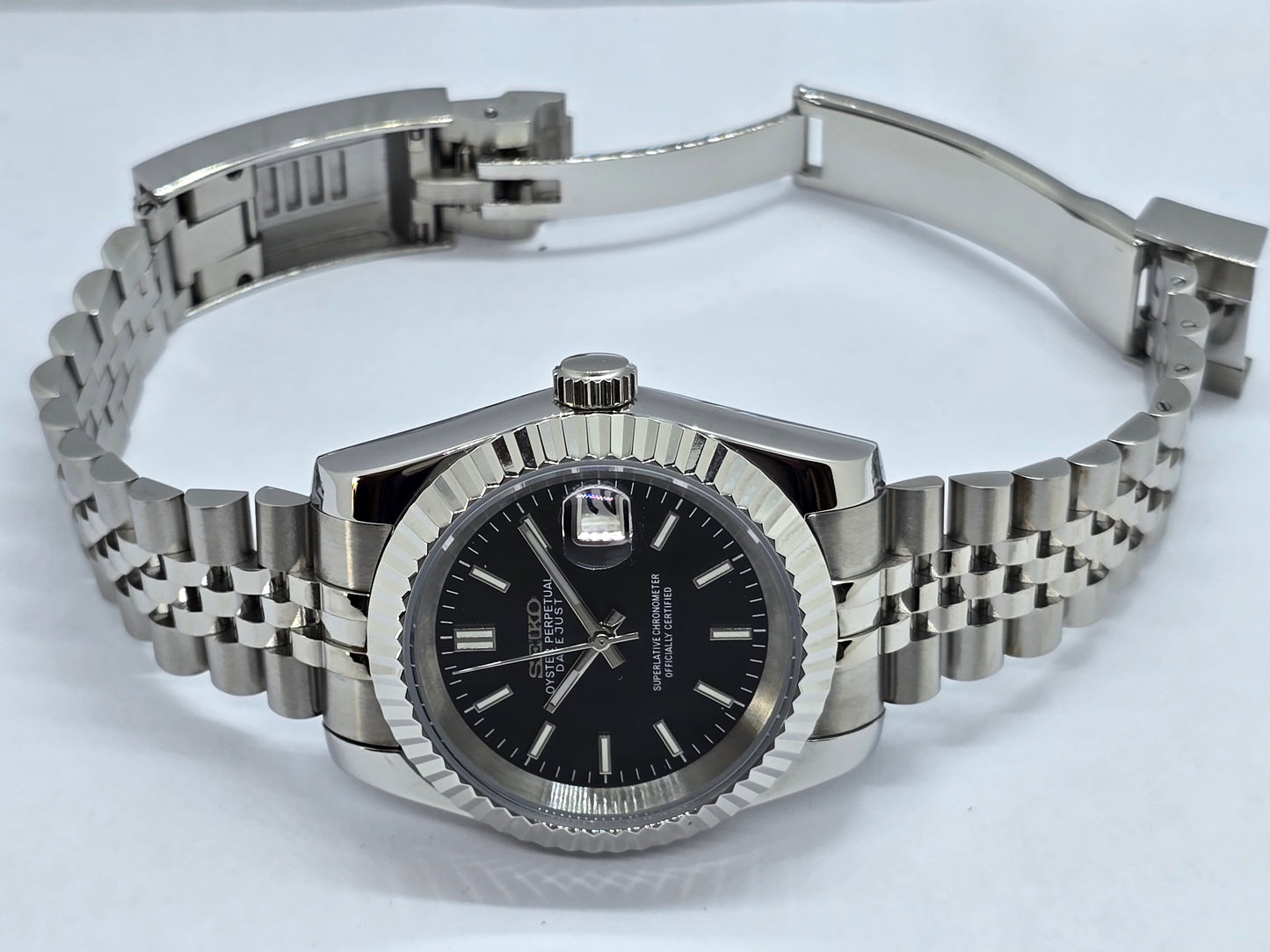 Seiko Mod Datejust nero Nh35 automatico 39mm vetro zaffiro