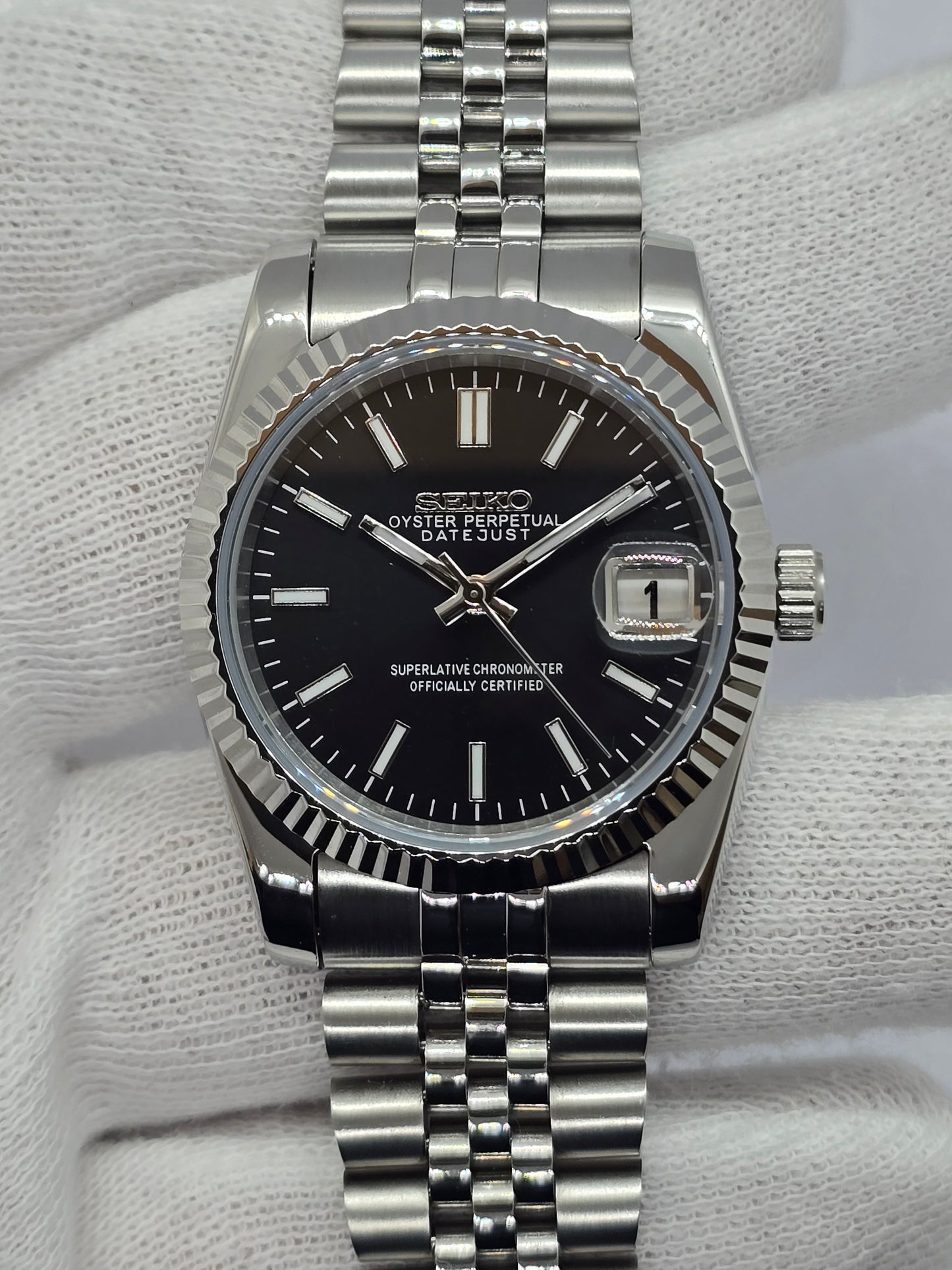 Seiko Mod Datejust nero Nh35 automatico 36mm vetro zaffiro