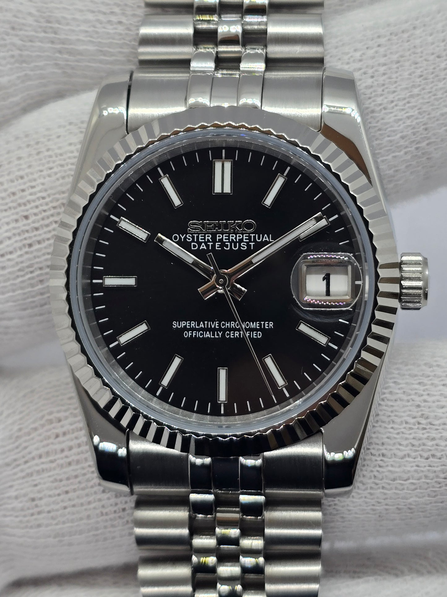 Seiko Mod Datejust nero Nh35 automatico 36mm vetro zaffiro