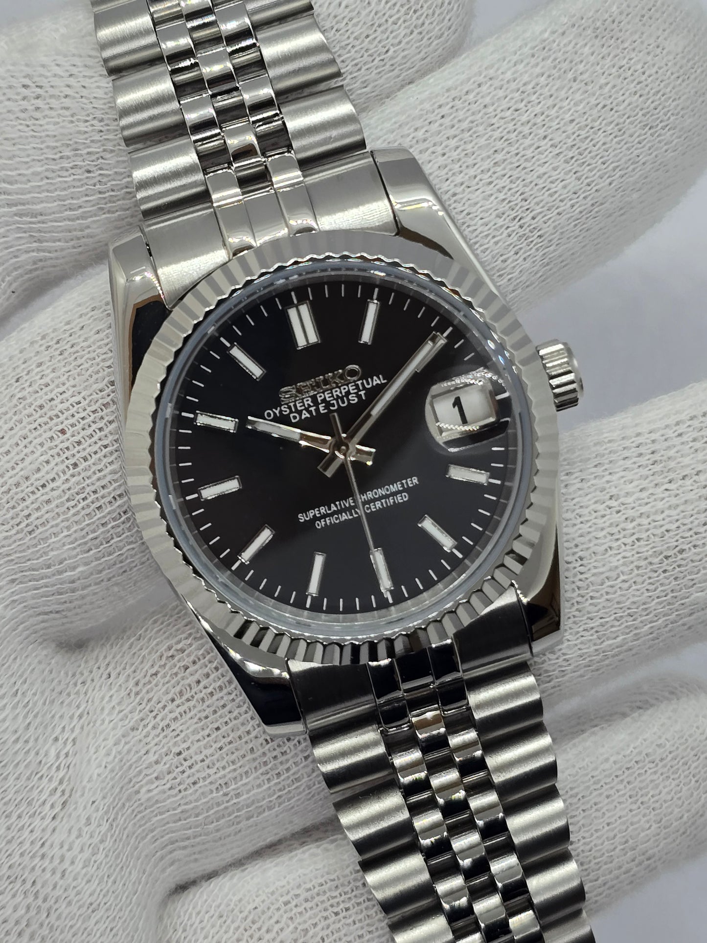 Seiko Mod Datejust nero Nh35 automatico 36mm vetro zaffiro