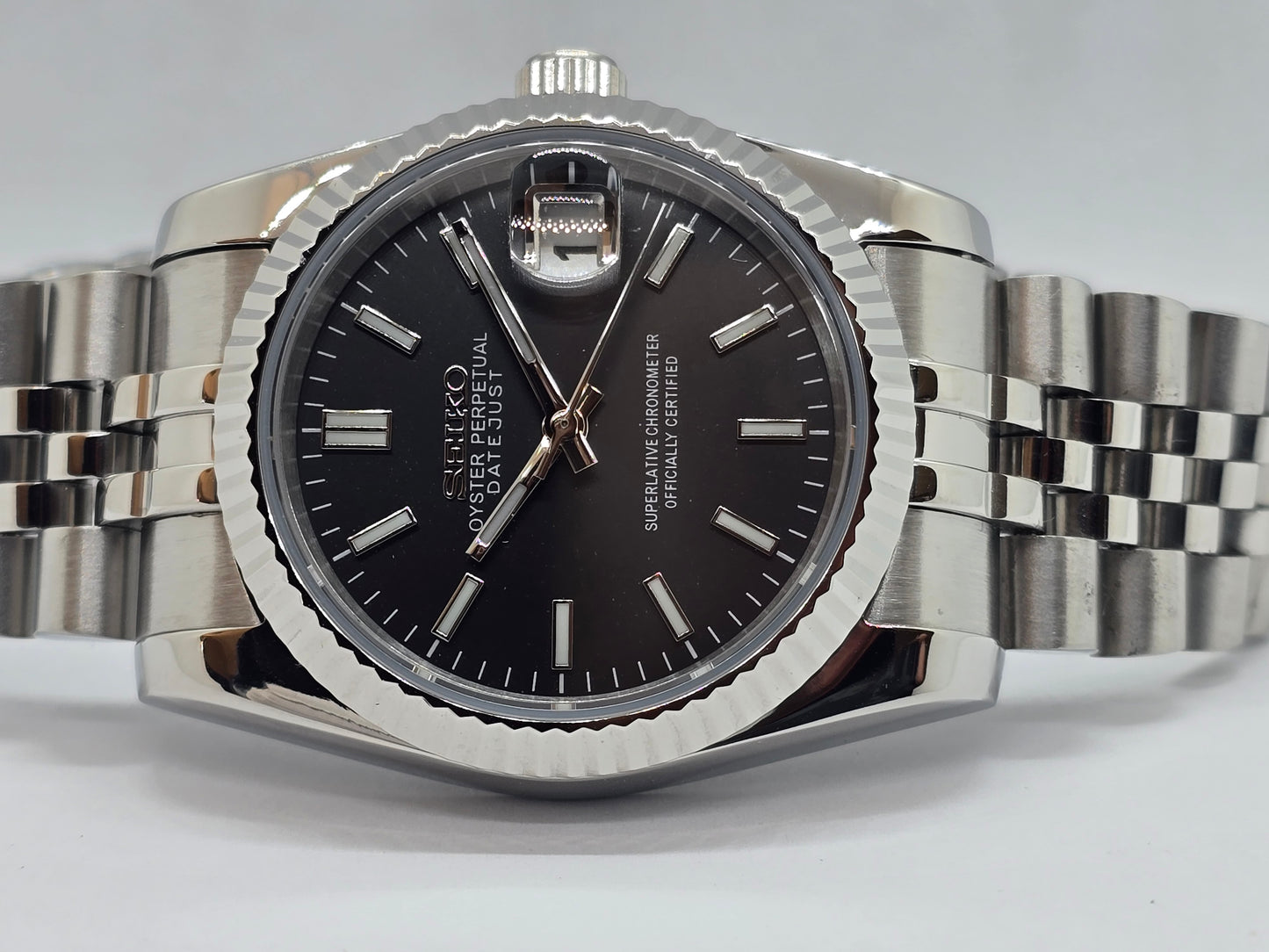 Seiko Mod Datejust nero Nh35 automatico 36mm vetro zaffiro