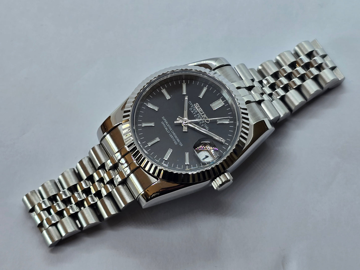 Seiko Mod Datejust nero Nh35 automatico 36mm vetro zaffiro