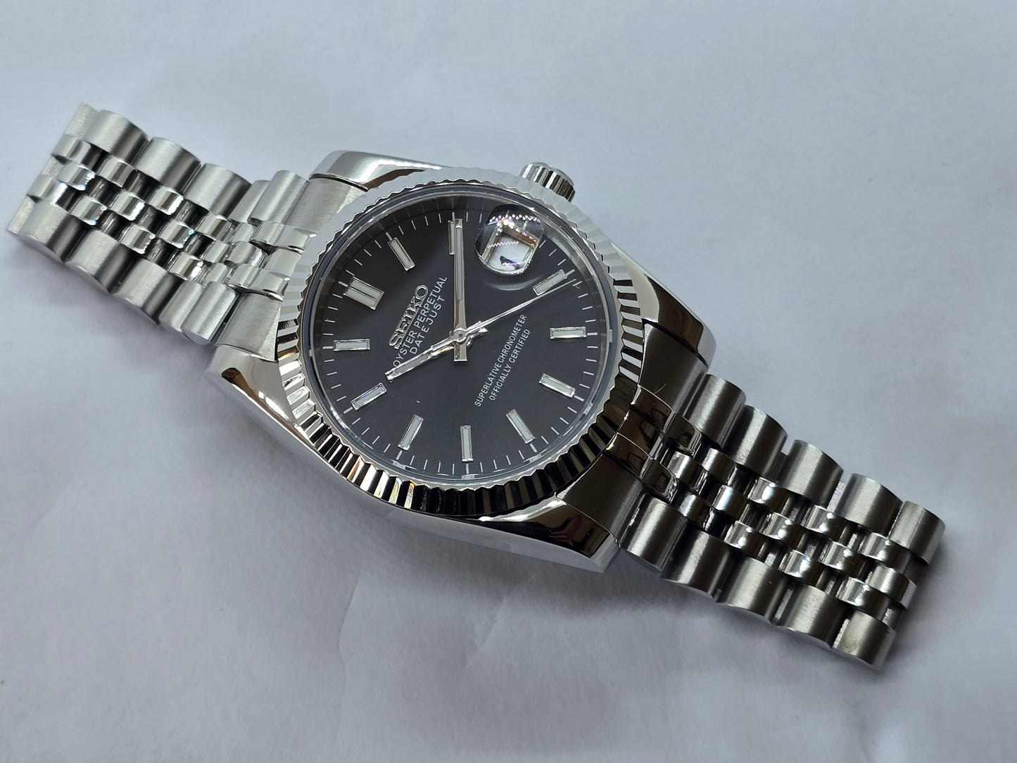Seiko Mod Datejust nero Nh35 automatico 36mm vetro zaffiro
