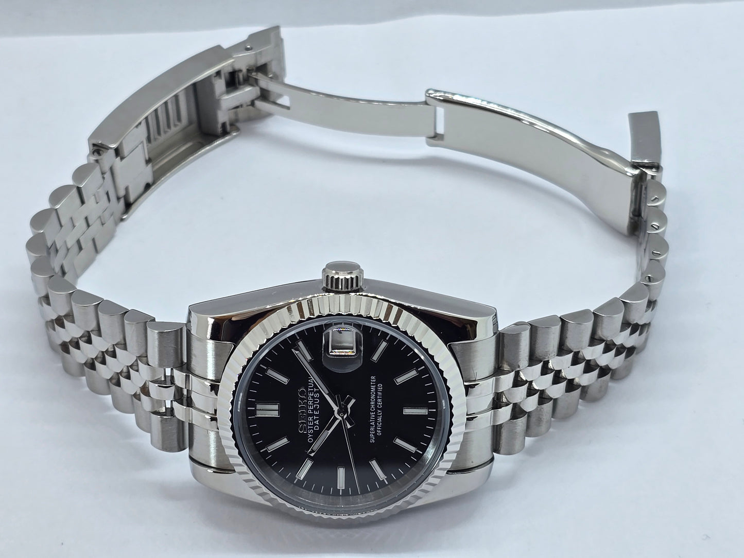 Seiko Mod Datejust nero Nh35 automatico 36mm vetro zaffiro