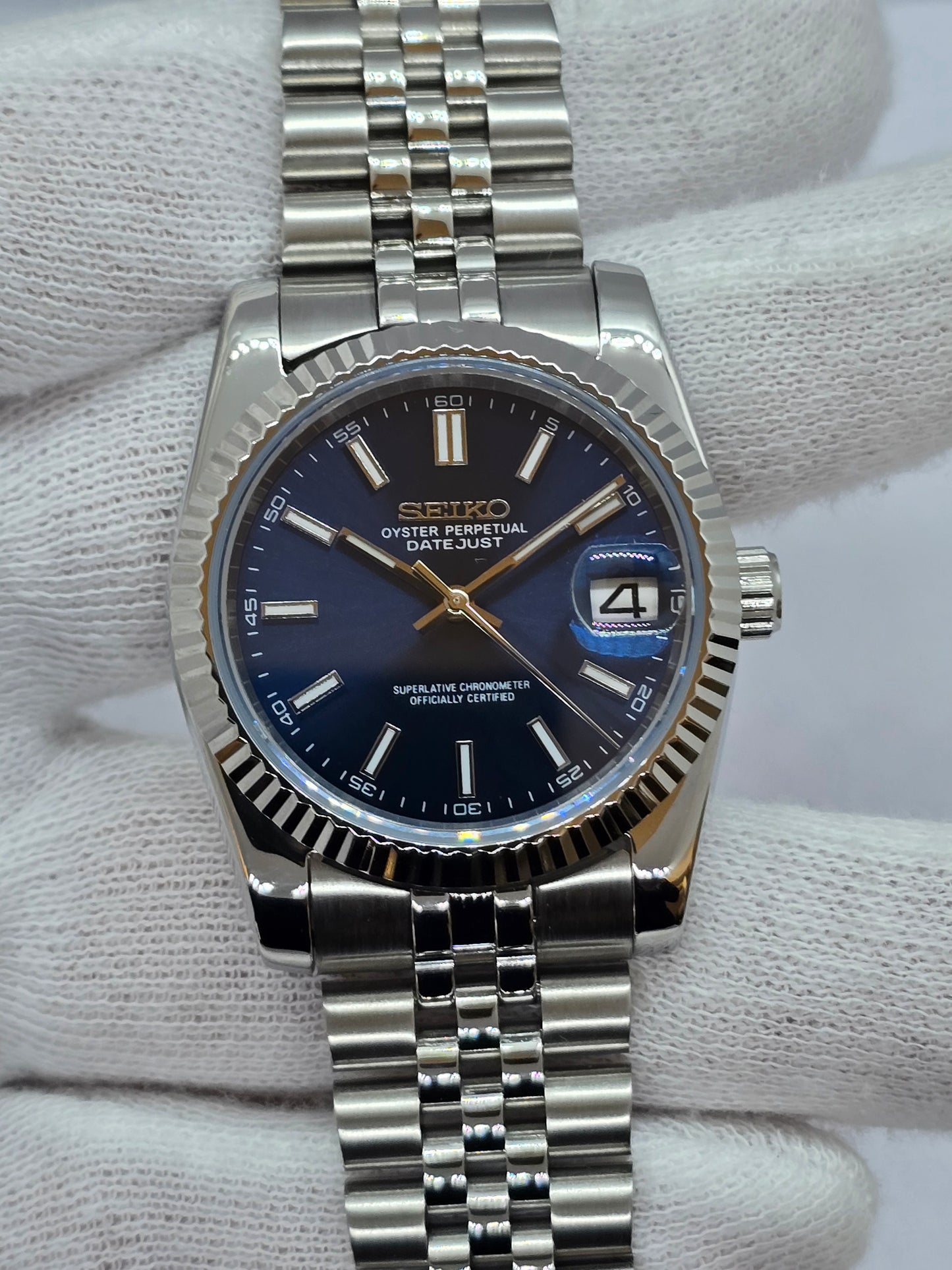 Seiko Mod Datejust blu Nh35 automatico 36mm vetro zaffiro