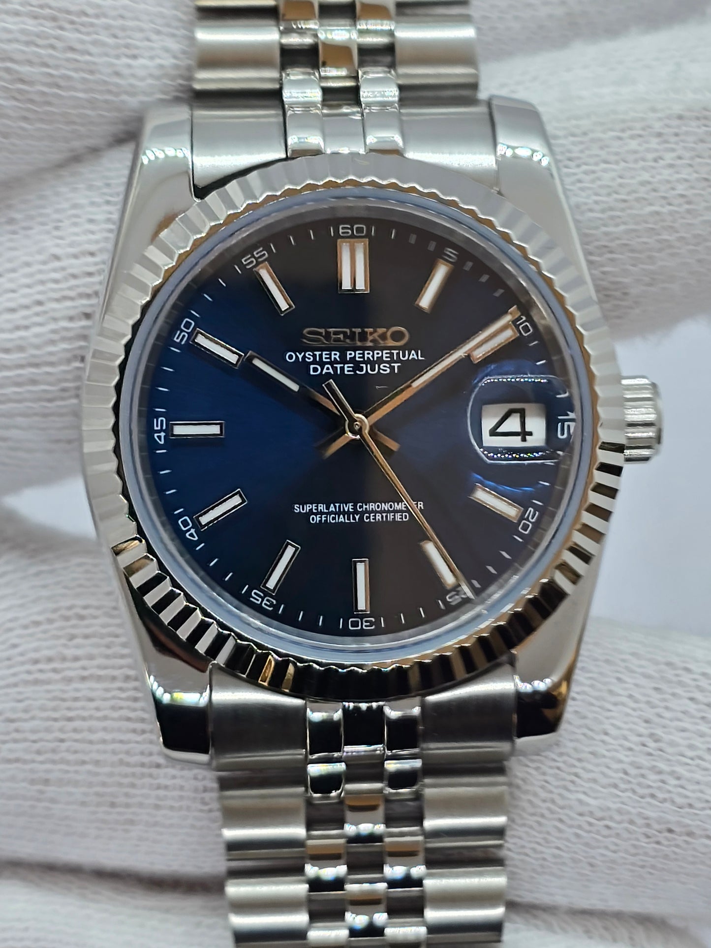 Seiko Mod Datejust blu Nh35 automatico 36mm vetro zaffiro