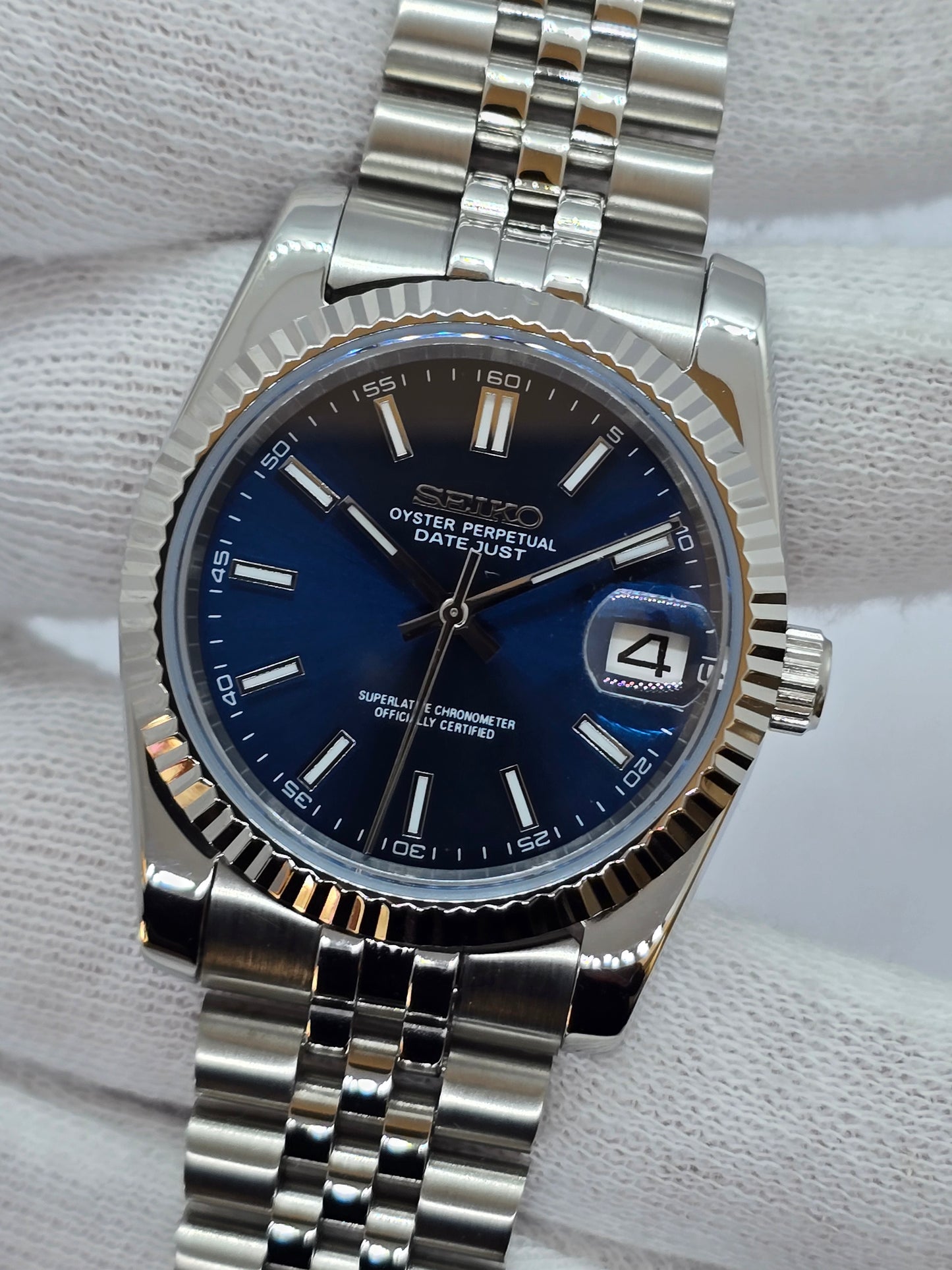 Seiko Mod Datejust blu Nh35 automatico 36mm vetro zaffiro