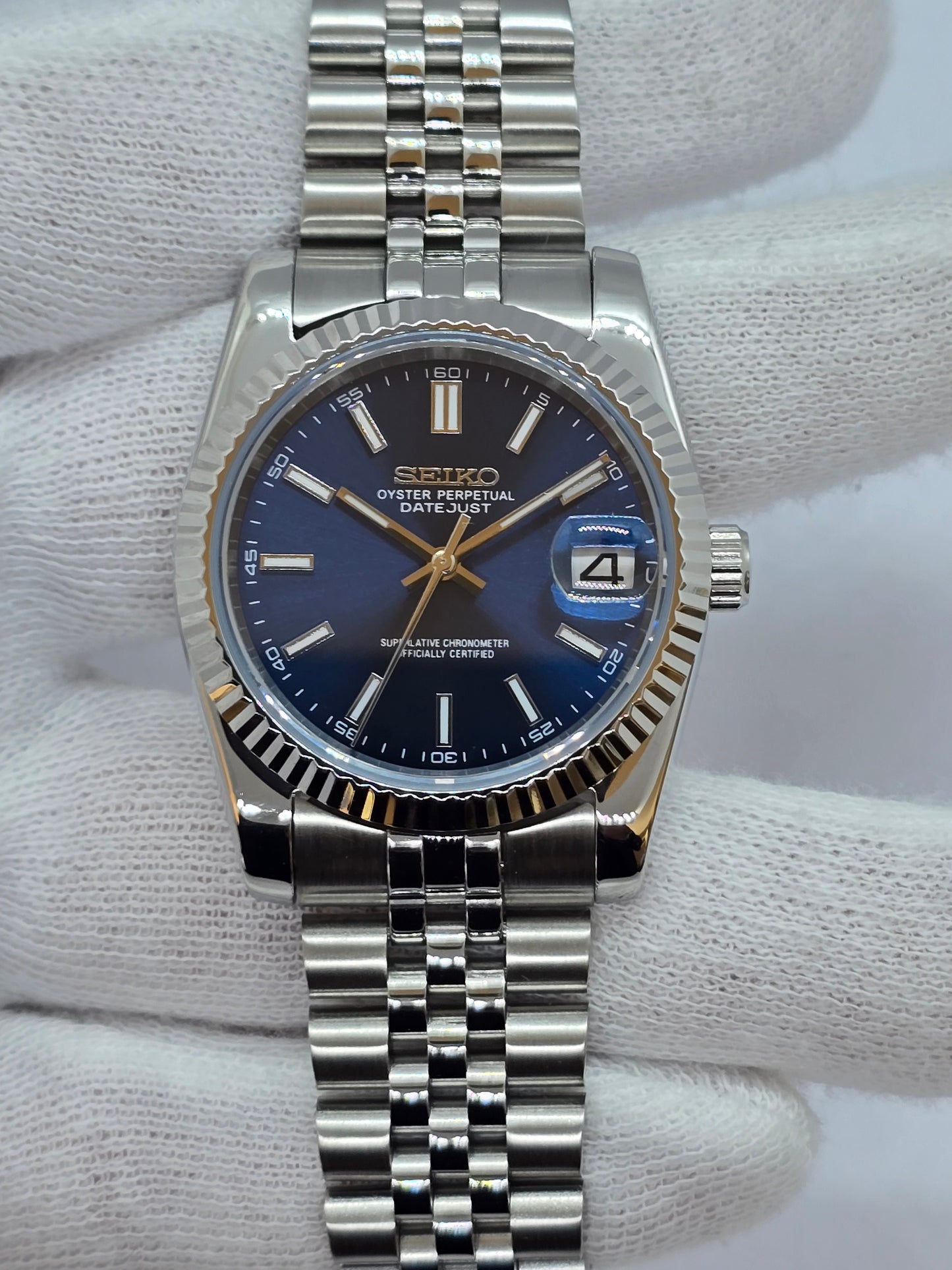 Seiko Mod Datejust blu Nh35 automatico 36mm vetro zaffiro