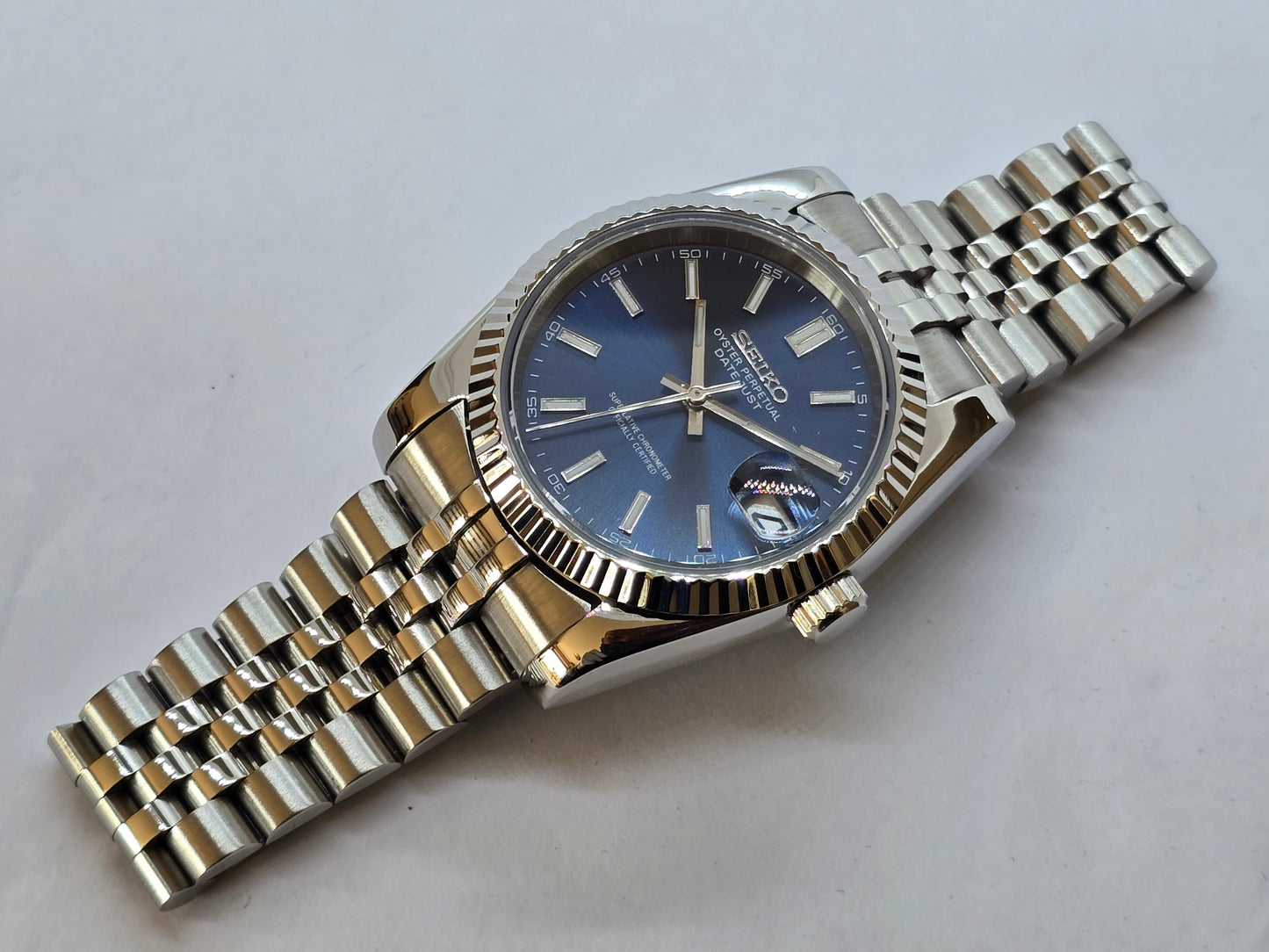 Seiko Mod Datejust blu Nh35 automatico 36mm vetro zaffiro
