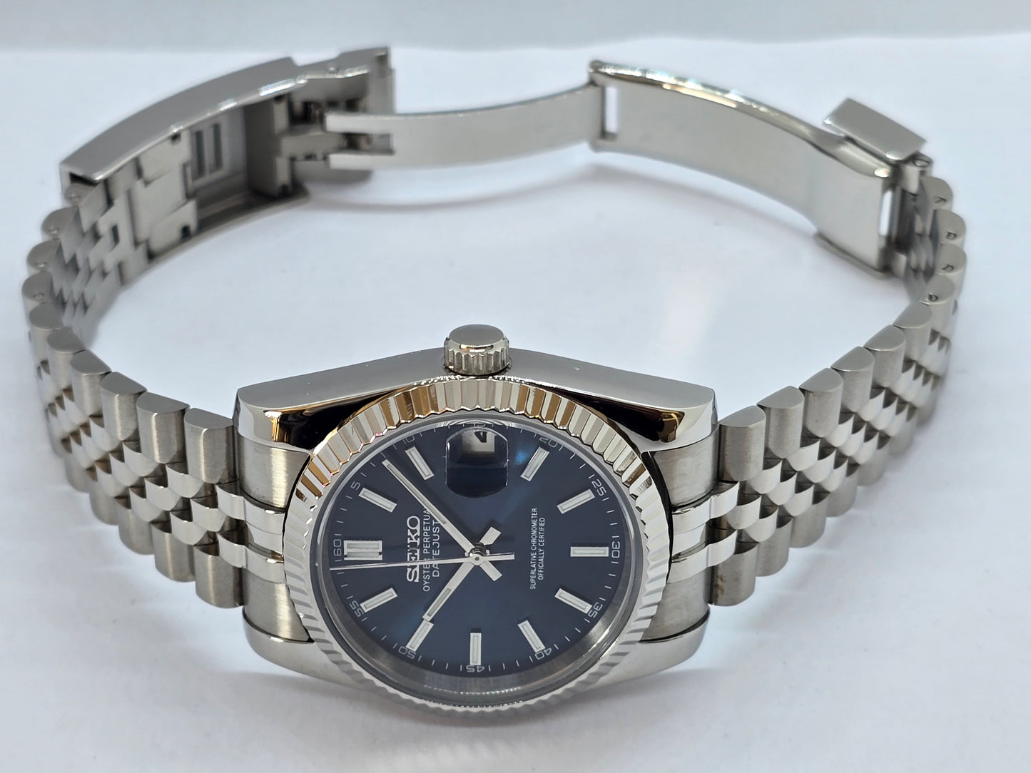 Seiko Mod Datejust blu Nh35 automatico 36mm vetro zaffiro