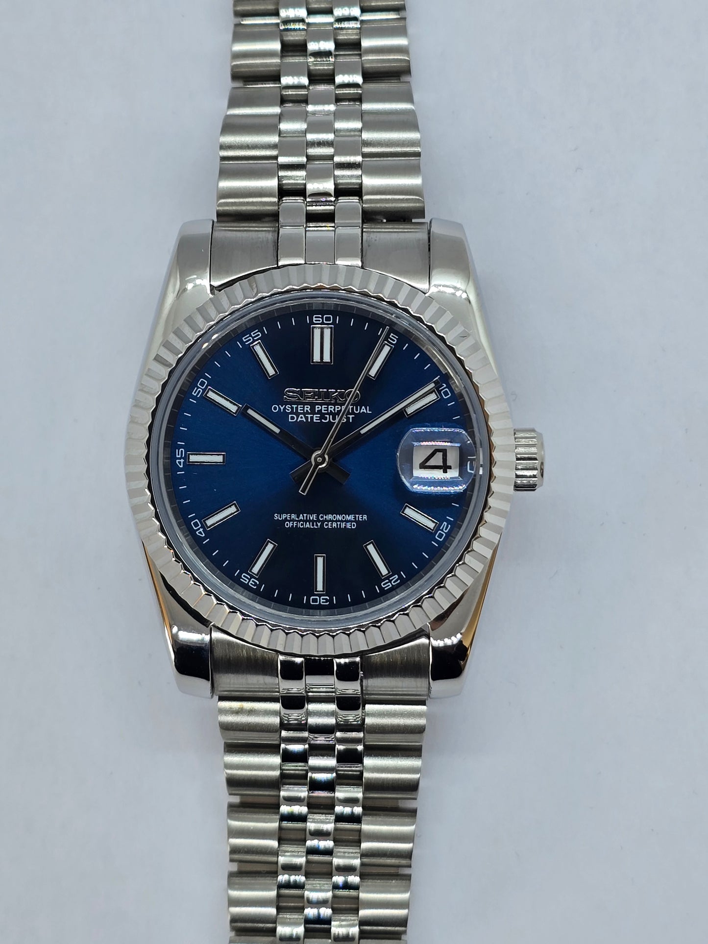 Seiko Mod Datejust blu Nh35 automatico 36mm vetro zaffiro