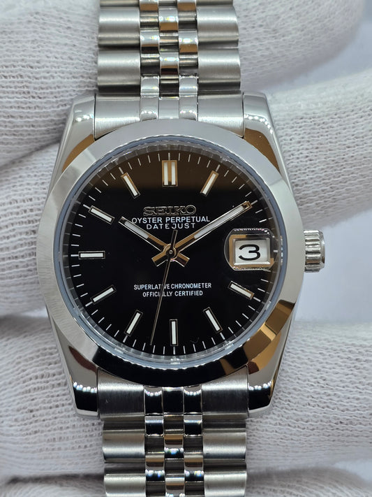 Seiko Mod Datejust nero Nh35 automatico 36mm vetro zaffiro