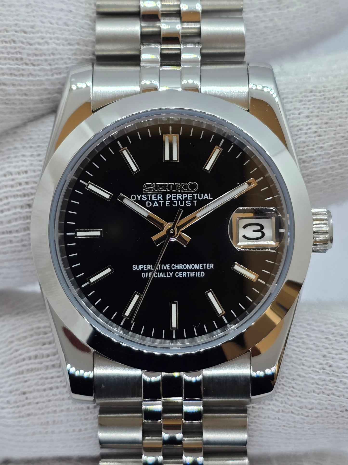 Seiko Mod Datejust nero Nh35 automatico 36mm vetro zaffiro