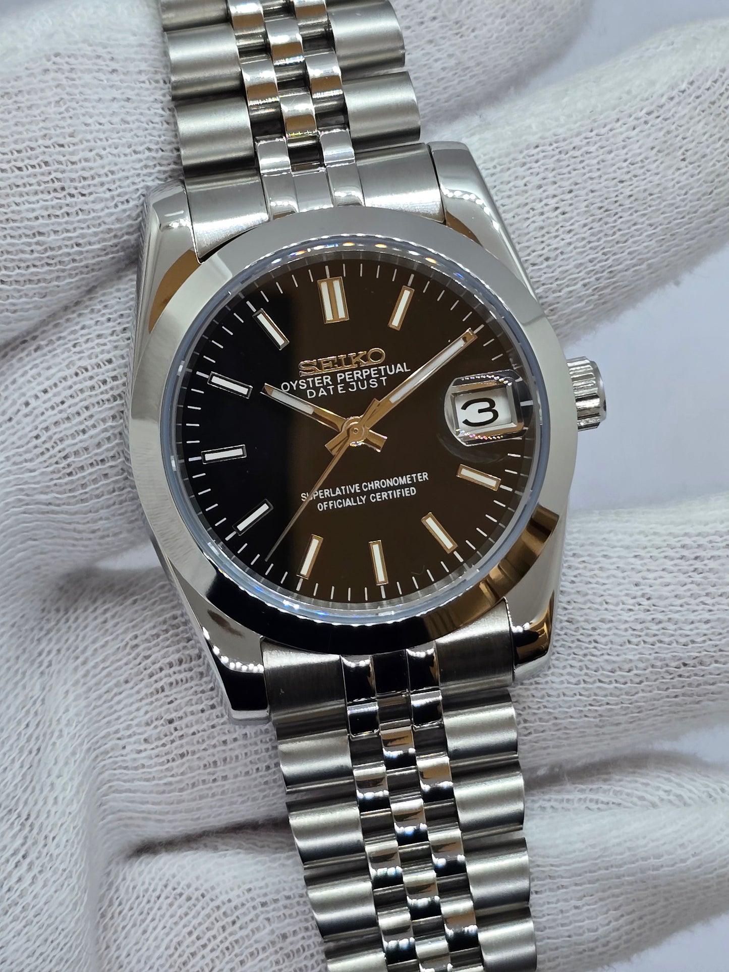 Seiko Mod Datejust nero Nh35 automatico 36mm vetro zaffiro