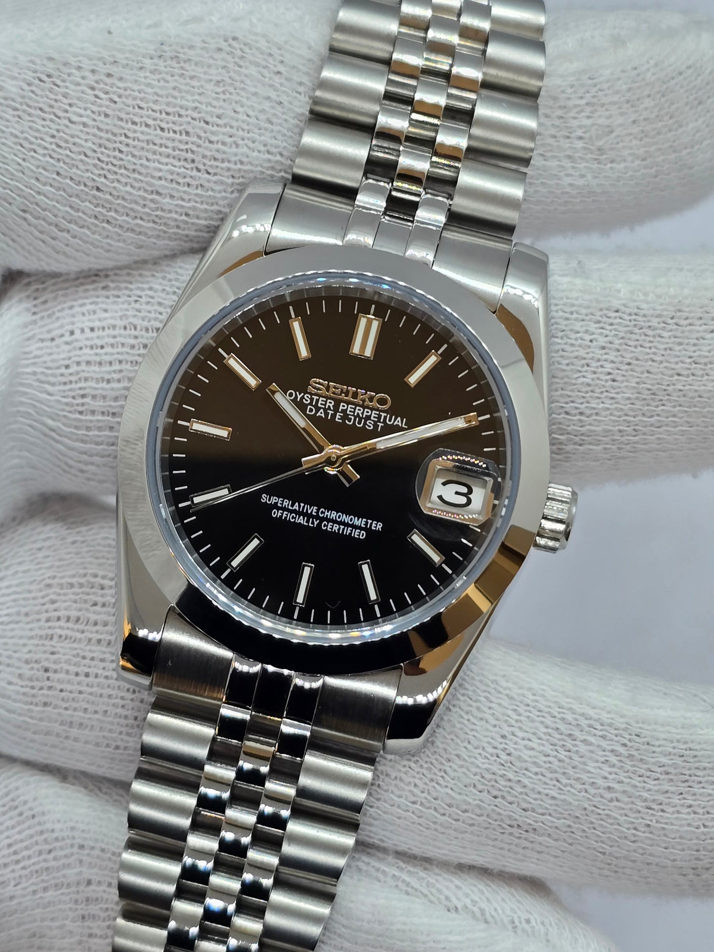 Seiko Mod Datejust nero Nh35 automatico 36mm vetro zaffiro