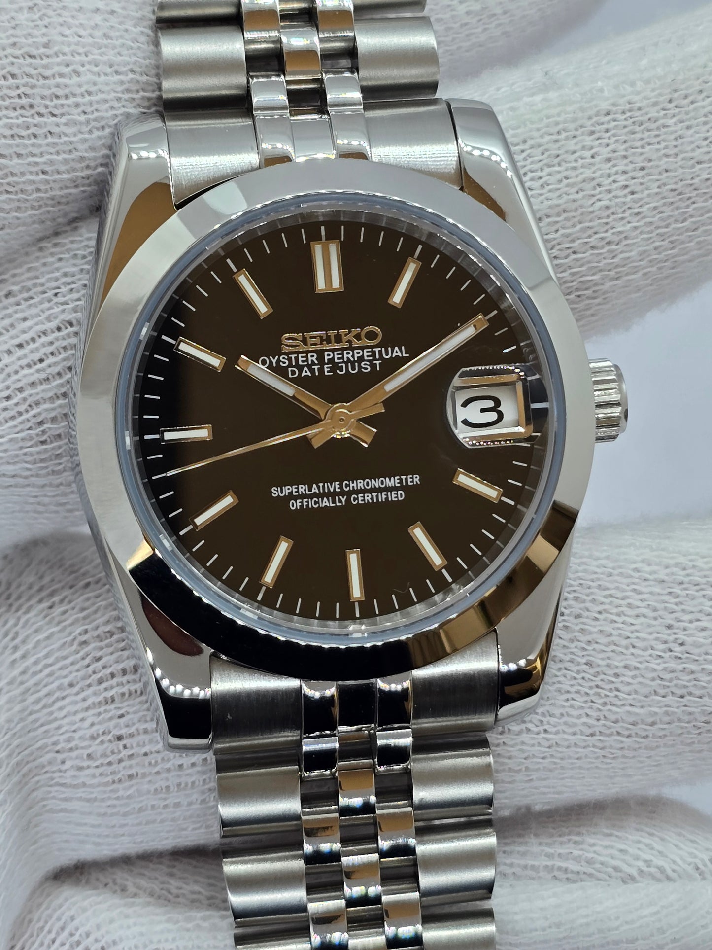 Seiko Mod Datejust nero Nh35 automatico 36mm vetro zaffiro