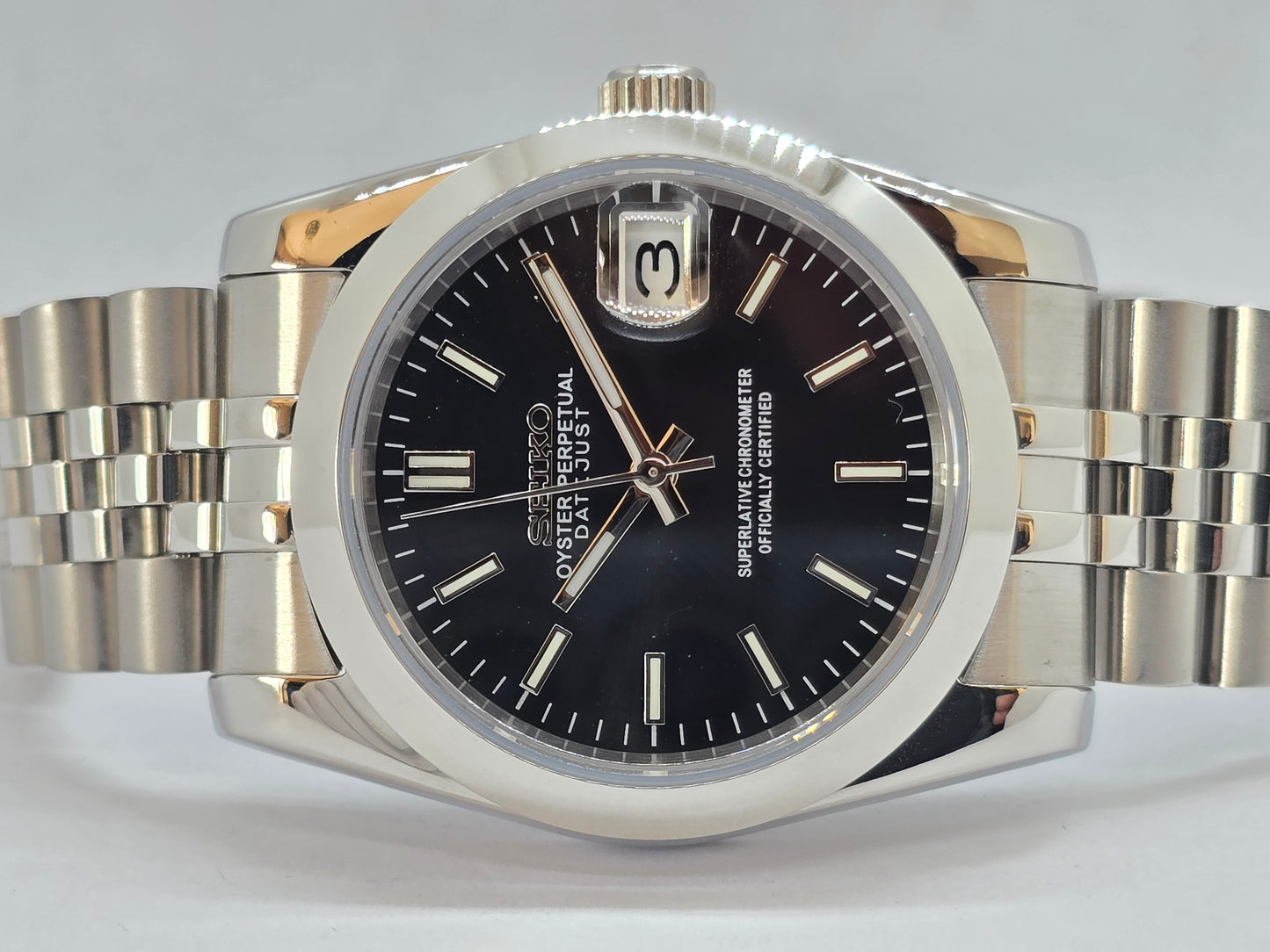 Seiko Mod Datejust nero Nh35 automatico 36mm vetro zaffiro