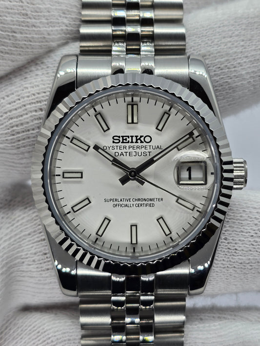 Seiko Mod Datejust bianco Nh35 automatico 36mm vetro zaffiro