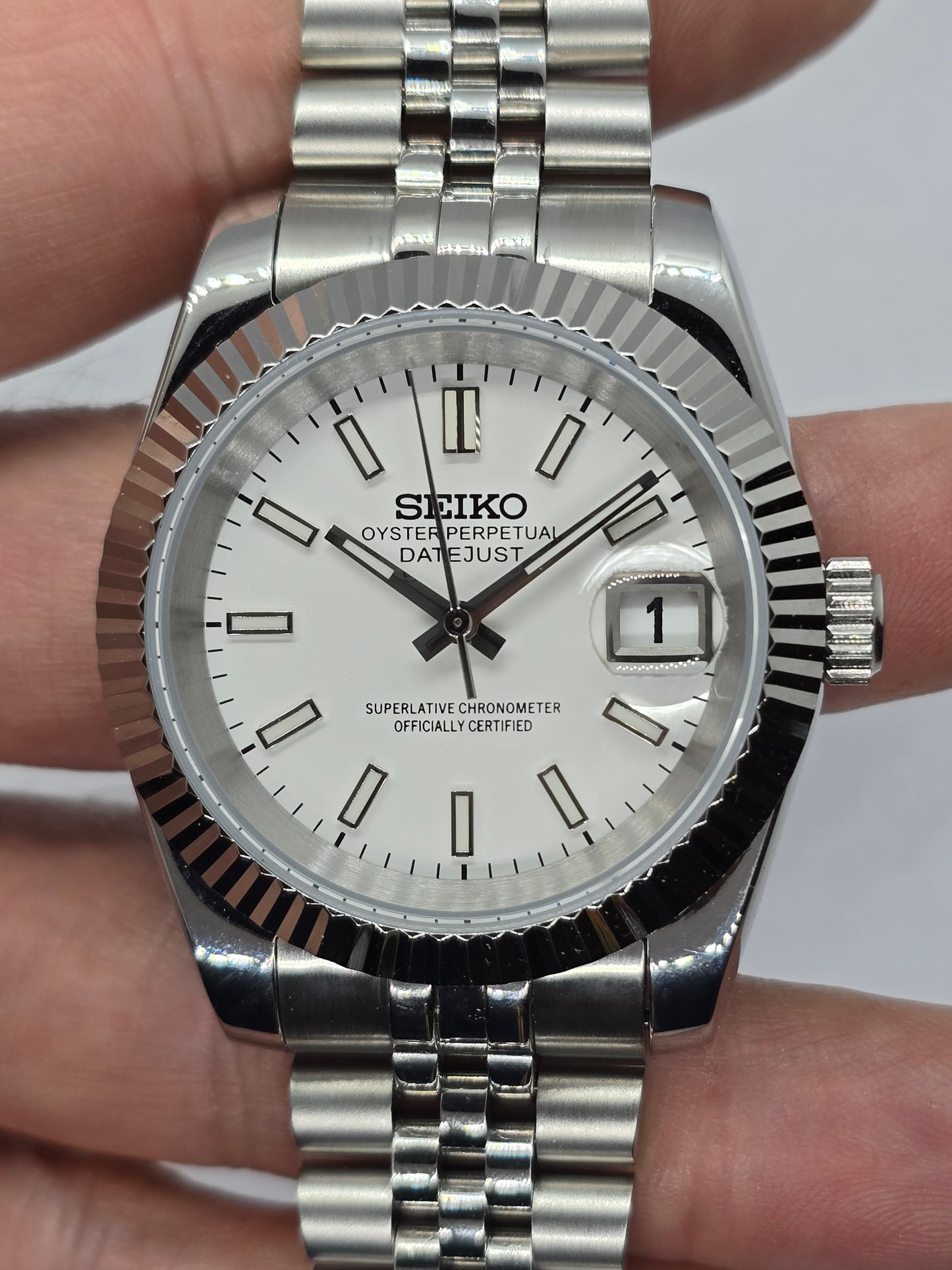 Seiko Mod Datejust bianco Nh35 automatico 39mm vetro zaffiro