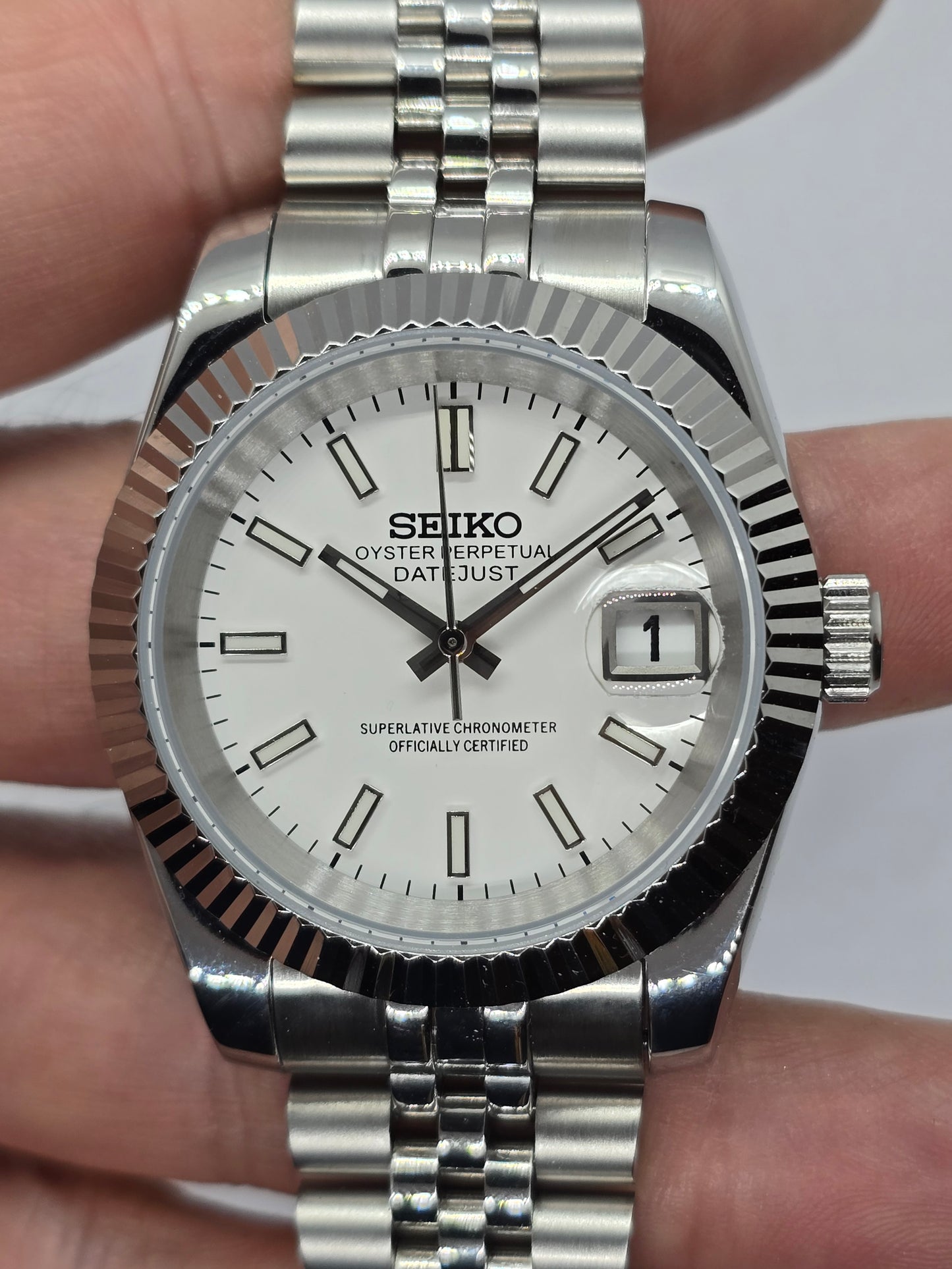 Seiko Mod Datejust bianco Nh35 automatico 39mm vetro zaffiro