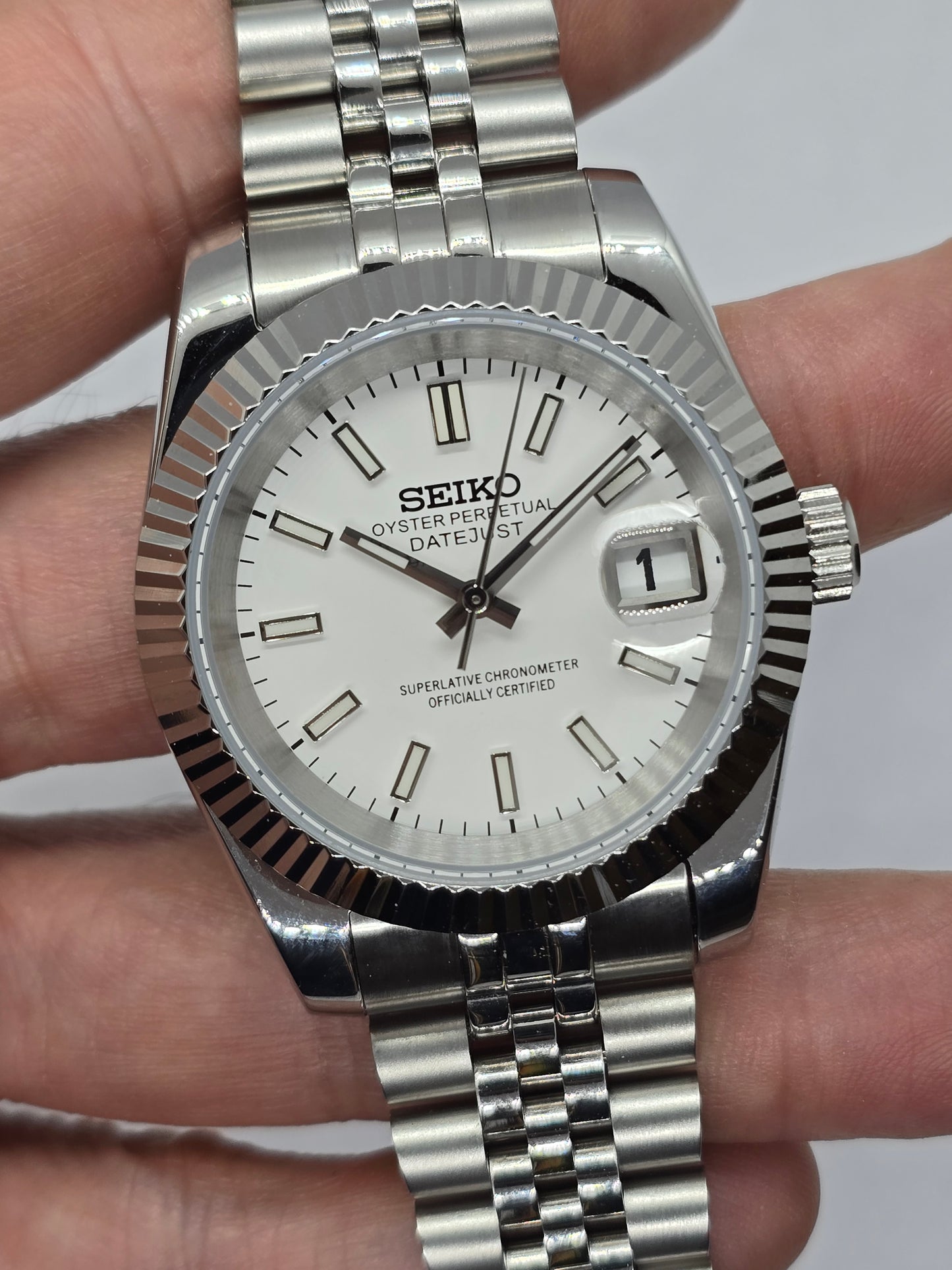 Seiko Mod Datejust bianco Nh35 automatico 39mm vetro zaffiro