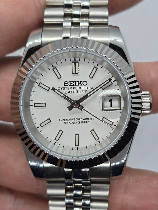 Seiko Mod Datejust bianco Nh35 automatico 39mm vetro zaffiro