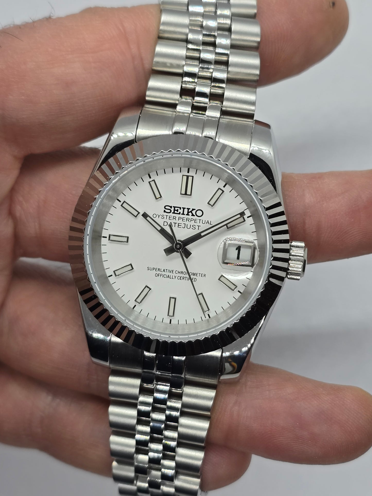 Seiko Mod Datejust bianco Nh35 automatico 39mm vetro zaffiro