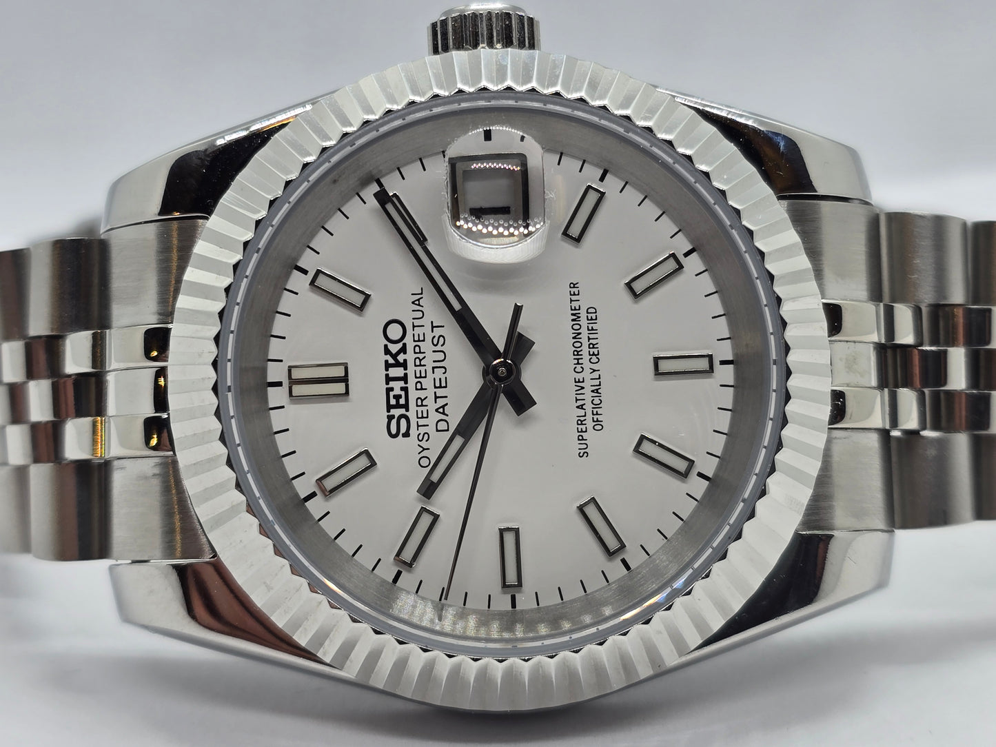Seiko Mod Datejust bianco Nh35 automatico 39mm vetro zaffiro