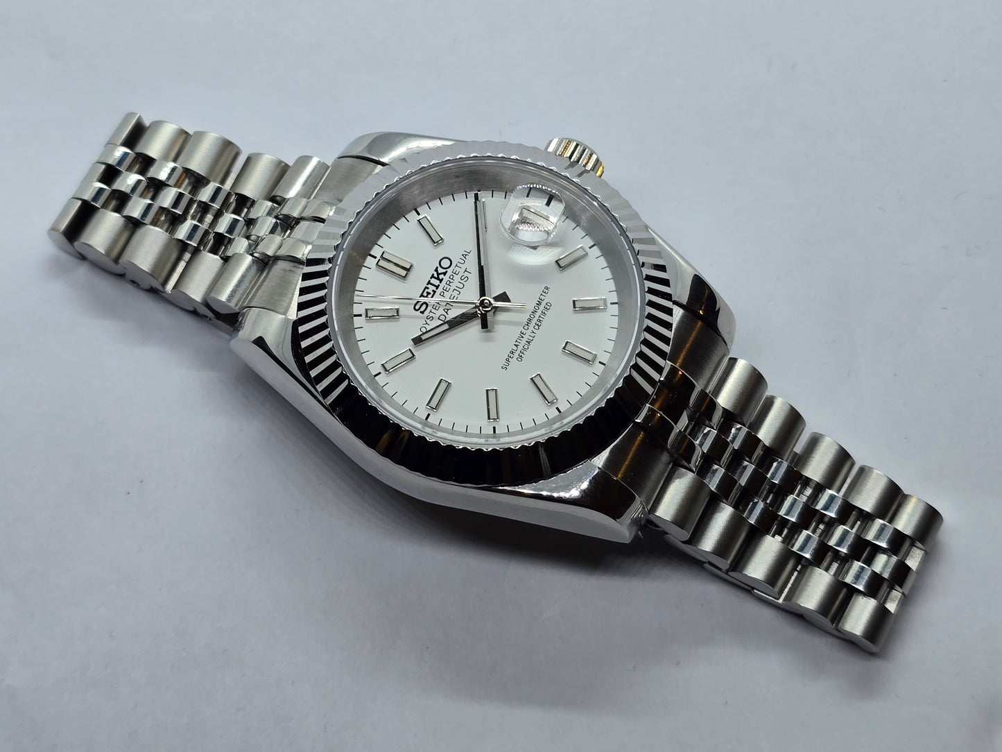 Seiko Mod Datejust bianco Nh35 automatico 39mm vetro zaffiro