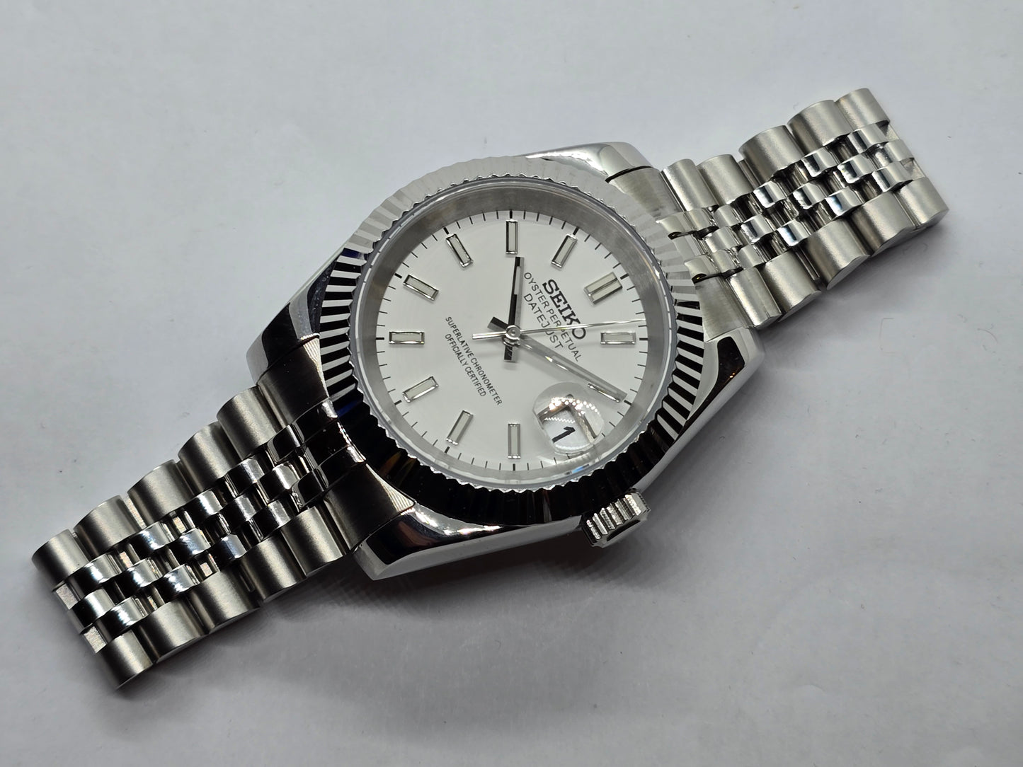 Seiko Mod Datejust bianco Nh35 automatico 39mm vetro zaffiro